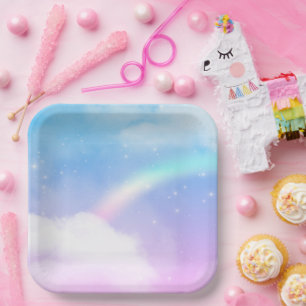 Assiettes En Carton Nuages pastel magiques et arc-en-ciel