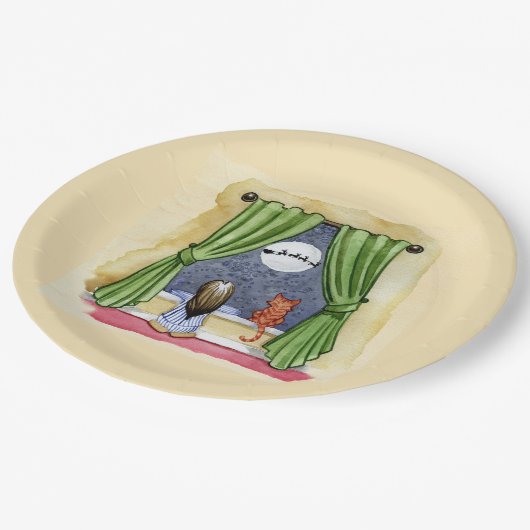 Assiettes En Carton Nuit de Noël Aquarelle mignonne Enfant & Kitty Cha (Angle)