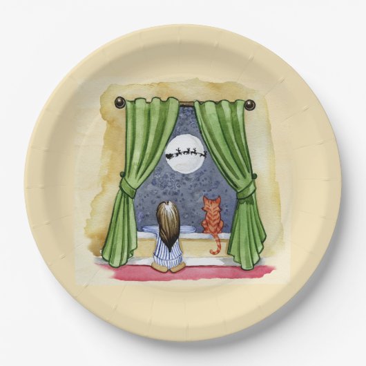 Assiettes En Carton Nuit de Noël Aquarelle mignonne Enfant & Kitty Cha (Devant)