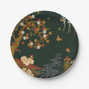 Assiettes En Carton Nuit des Cerisiers en fleurs Gold Spring