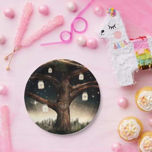 Assiettes En Carton Nuit Rustique d'Arbre avec Lumières et Mariage de (Fête)