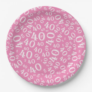 Assiettes En Carton Numéro 40e anniversaire Motif rose/blanc