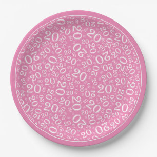 Assiettes En Carton Numéro Aléatoire Anniversaire Motif Rose/Blanc 20