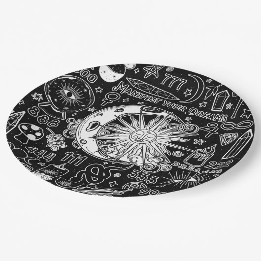 Assiettes En Carton Numérologie chanceuse Manifestation Magie noir & b (Angle)