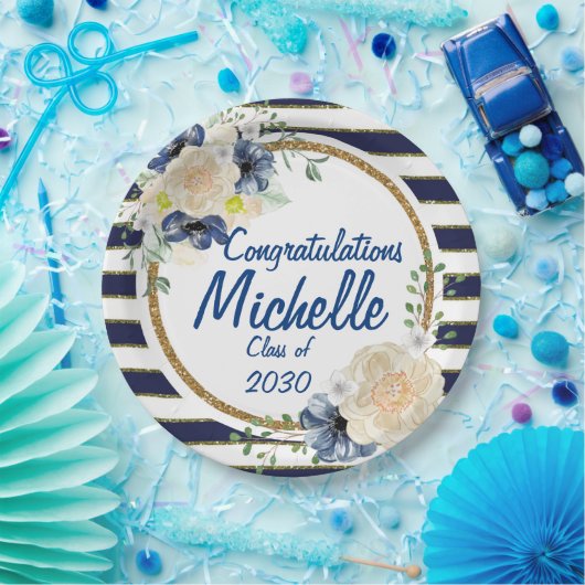 Assiettes En Carton Obtention du diplôme élégante de roses d'aquarelle (Fête)