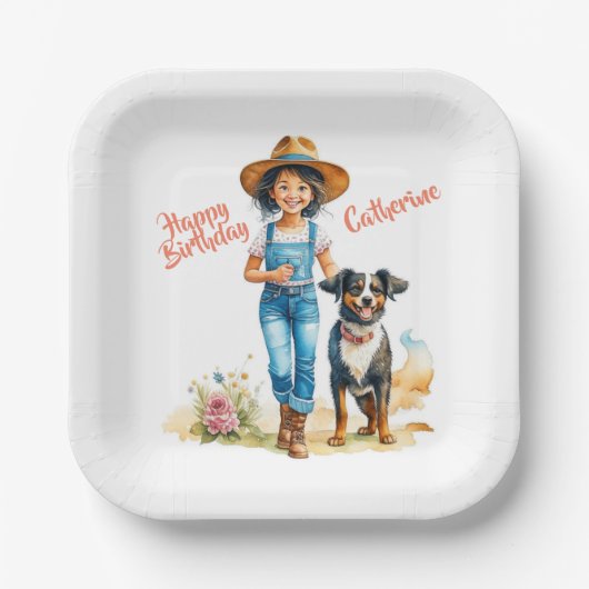 Assiettes En Carton Occidentale Cowgirl and Dog Personnalisé Anniversa (Recto)