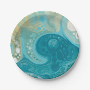 Assiettes En Carton Ocean Blue Waves et Sandy Brown Fluid Art
