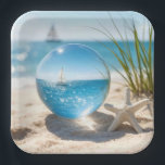 Assiettes En Carton Ocean Reflection in a Lens Ball<br><div class="desc">A sailboat on a sunlit ocean,  its reflection captured in a glass lens ball on beach sand next to a starfish</div>