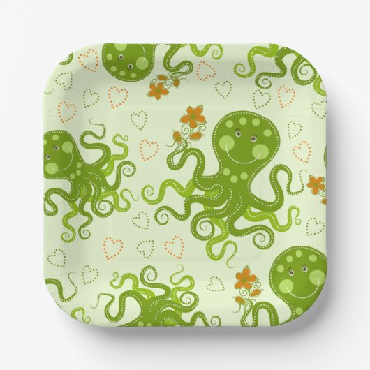 Assiettes En Carton Octopes Vertes Avec Fleurs (Recto)