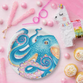 Assiettes En Carton Octopus bleu Kraken Orange Rose Aquarelle (Fête)
