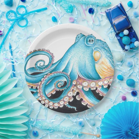 Assiettes En Carton Octopus Bleu Sur Encre Blanche (Fête)