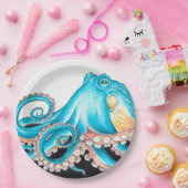 Assiettes En Carton Octopus Bleu Sur Encre Blanche (Fête)