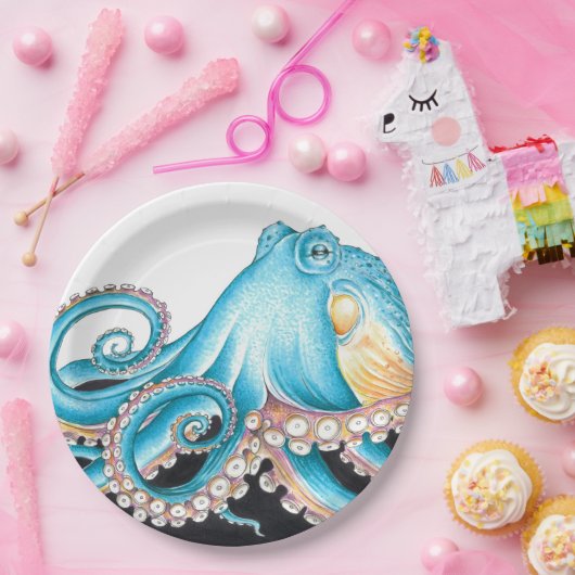 Assiettes En Carton Octopus Bleu Sur Encre Blanche (Fête)