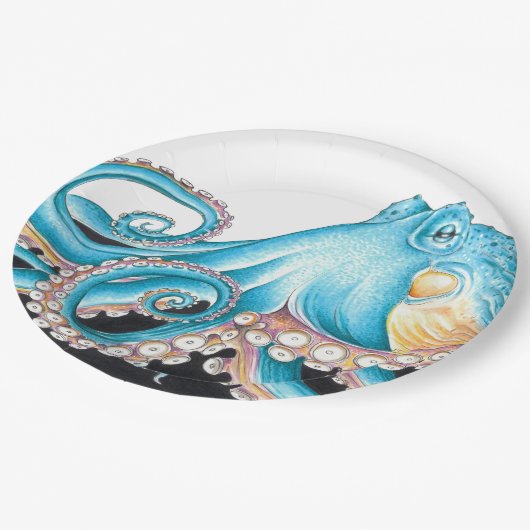 Assiettes En Carton Octopus Bleu Sur Encre Blanche (Angle)