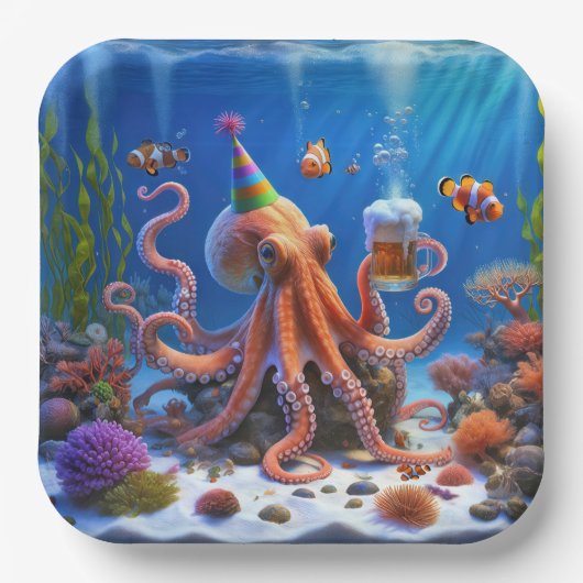 Assiettes En Carton Octopus d'anniversaire avec une bière (Recto)