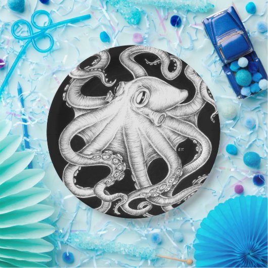 Assiettes En Carton Octopus Encre Noire Et Blanche (Fête)