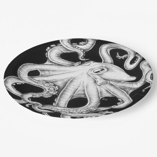 Assiettes En Carton Octopus Encre Noire Et Blanche (Angle)