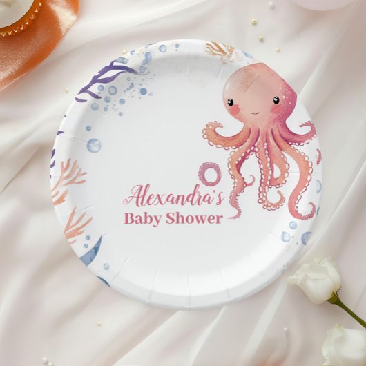 Assiettes En Carton Octopus mignonne fille d'aquarelle rose