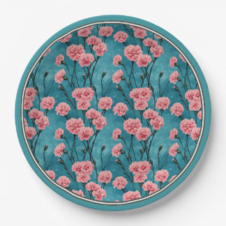 Assiettes En Carton Œillets roses peints à la main