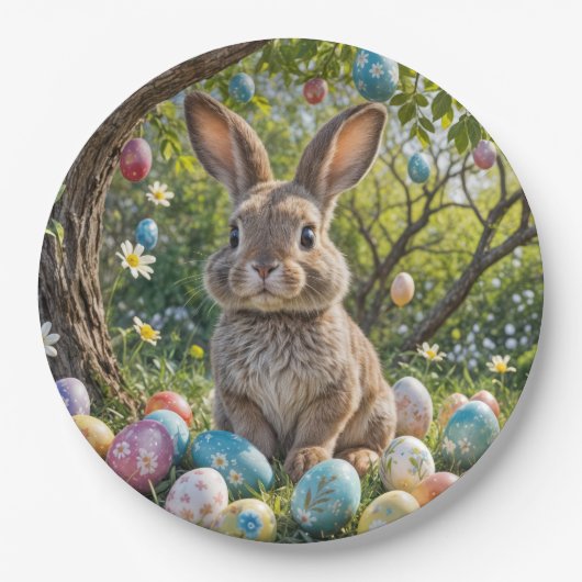 Assiettes En Carton Oeuf de Pâques avec lapin (Devant)