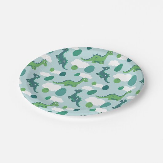 Assiettes En Carton OEufs de dinosaure bleu vert motif  (Angle)