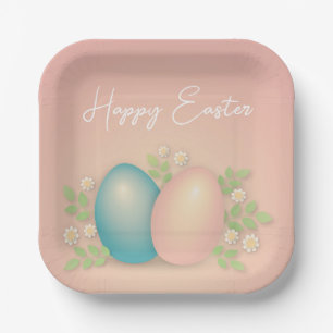 Assiettes En Carton OEufs pâques bleu et rose et fleurs printanières