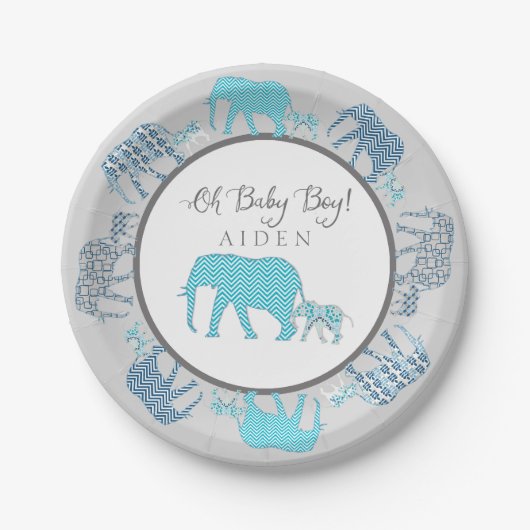 Assiettes En Carton Oh Baby Boy Elephants Motifs Chevron Moderne (Devant)