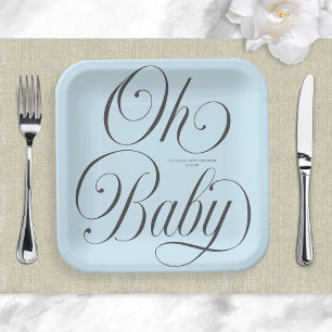 Assiettes En Carton Oh Baby Elegant Script Lt. Bleu Garçon Baby Shower