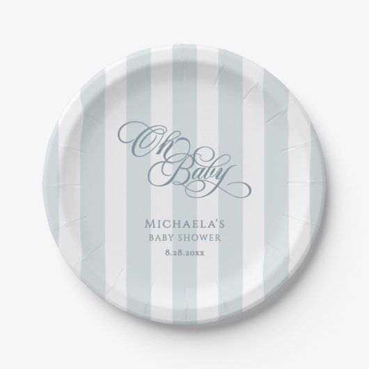 Assiettes En Carton Oh Baby Elegant Script & Stripes Baby shower (Devant)
