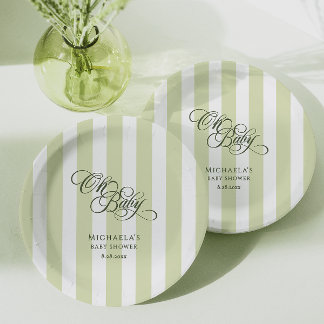 Assiettes En Carton Oh Baby Elegant Script & Stripes Baby shower