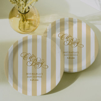 Assiettes En Carton Oh Baby Elegant Script & Stripes Baby shower