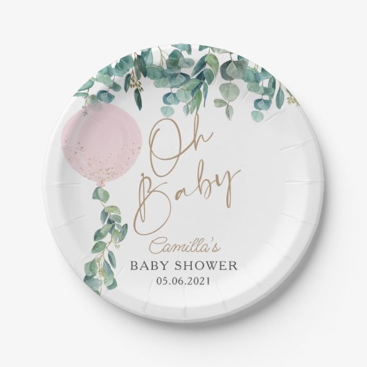Assiettes En Carton Oh Baby Eucalyptus Baby shower de ballon rose (Devant)