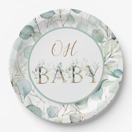 Assiettes En Carton Oh Baby Papier Plaques Baby shower Eucalyptus (Devant)