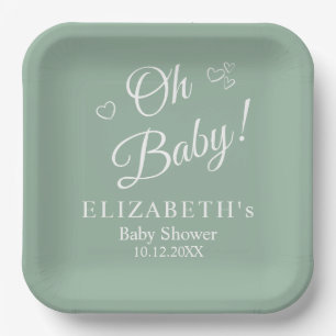 Assiettes En Carton "Oh Baby" Sage Vert Moderne Baby shower minimalist