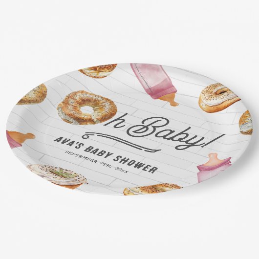 Assiettes En Carton Oh Bébé Bouteilles & Bagels Fille Baby shower Brun (Angle)
