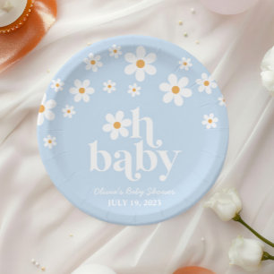 Assiettes En Carton Oh Bébé ! Fête de bébé rétro Daisy bleu bohème