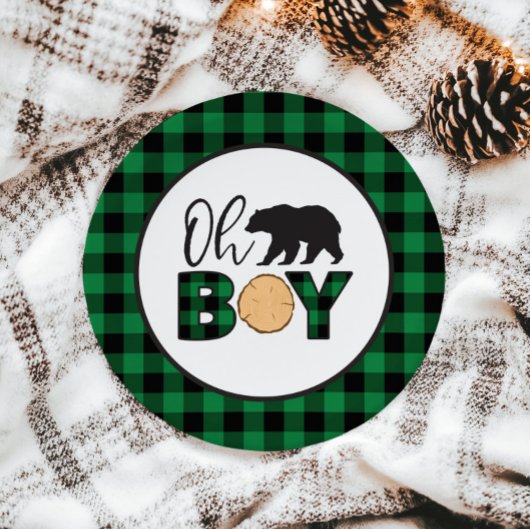 Assiettes En Carton Oh Boy Bear vert Buffalo Plaid Baby shower