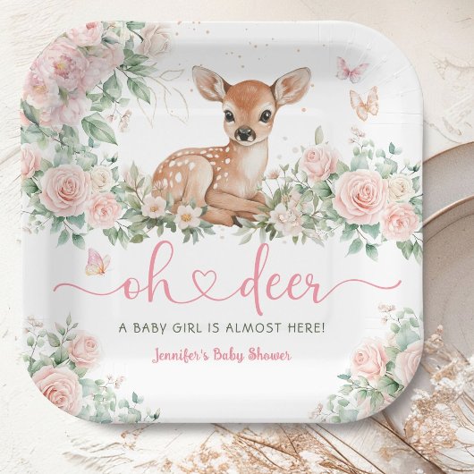 Assiettes En Carton Oh Deer Baby shower Girl Papier rose