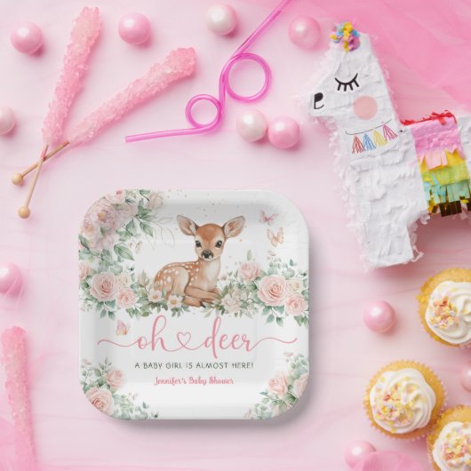 Assiettes En Carton Oh Deer Baby shower Girl Papier rose (Fête)