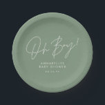 Assiettes En Carton oh garçon Baby shower script moderne élégant<br><div class="desc">oh garçon Baby shower script moderne sauge vert élégant design d'invitation de fête. Conception idéale sans distinction de genre.</div>