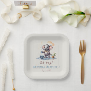 Assiettes En Carton Oh garçon Elephant Rustique Baby shower bleu or