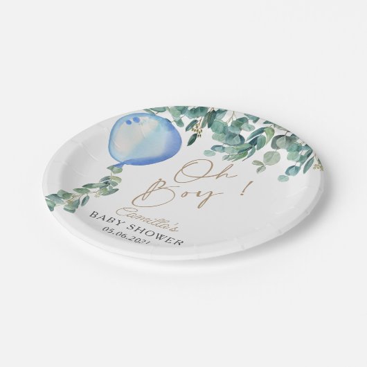Assiettes En Carton Oh garçon Eucalyptus Baby shower bleu ballon (Angle)