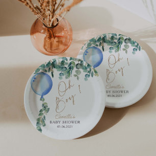 Assiettes En Carton Oh garçon Eucalyptus Baby shower bleu ballon