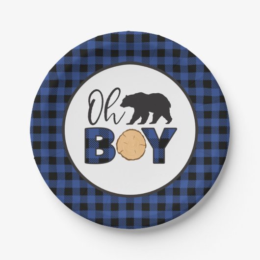 Assiettes En Carton Oh garçon ours bleu Buffalo Plaid Baby shower (Devant)