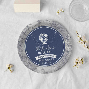 Assiettes En Carton "Oh Les Endroits Où Il Ira !" Baby shower Carte de