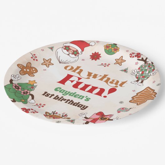Assiettes En Carton Oh What Fun Retro Noël premier anniversaire (Angle)