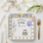 Assiettes En Carton Oie aquarelle 1er anniversaire<br><div class="desc">BONJOUR. Fête anniversaire de enfant de l'aquarelle. Aquarelle mignonne oie dans le casquette d'anniversaire,  gâteau aux baies,  ballon violet,  guirlande festive de drapeaux. Arrière - plan en cage beige-marron.</div>