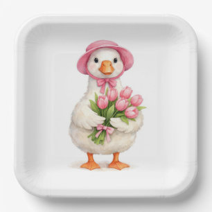 Assiettes En Carton Oie blanche tenant un bouquet de tulipes roses
