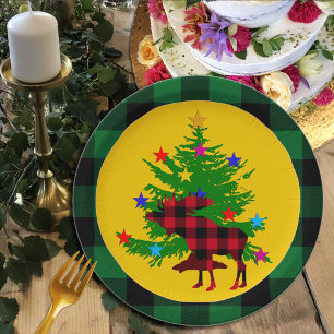 Assiettes En Carton Oie de Noël rustique, Arbre, Plaid de Buffalo vert