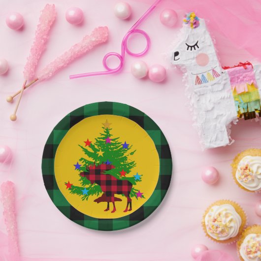 Assiettes En Carton Oie de Noël rustique, Arbre, Plaid de Buffalo vert (Fête)